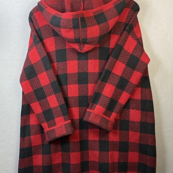 J. Jill Duster Hooded Cardigan Sweater Size M Red Black Buffalo Check Christmas - Picture 10 of 11